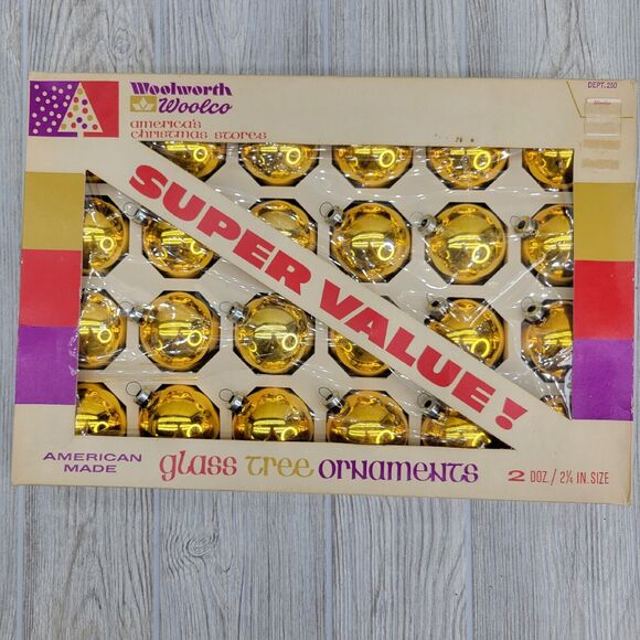 Vintage Gold Woolworth Woolco Glass Ornaments Bulbs 24 original box USA 2.25"‎ - Picture 1 of 11